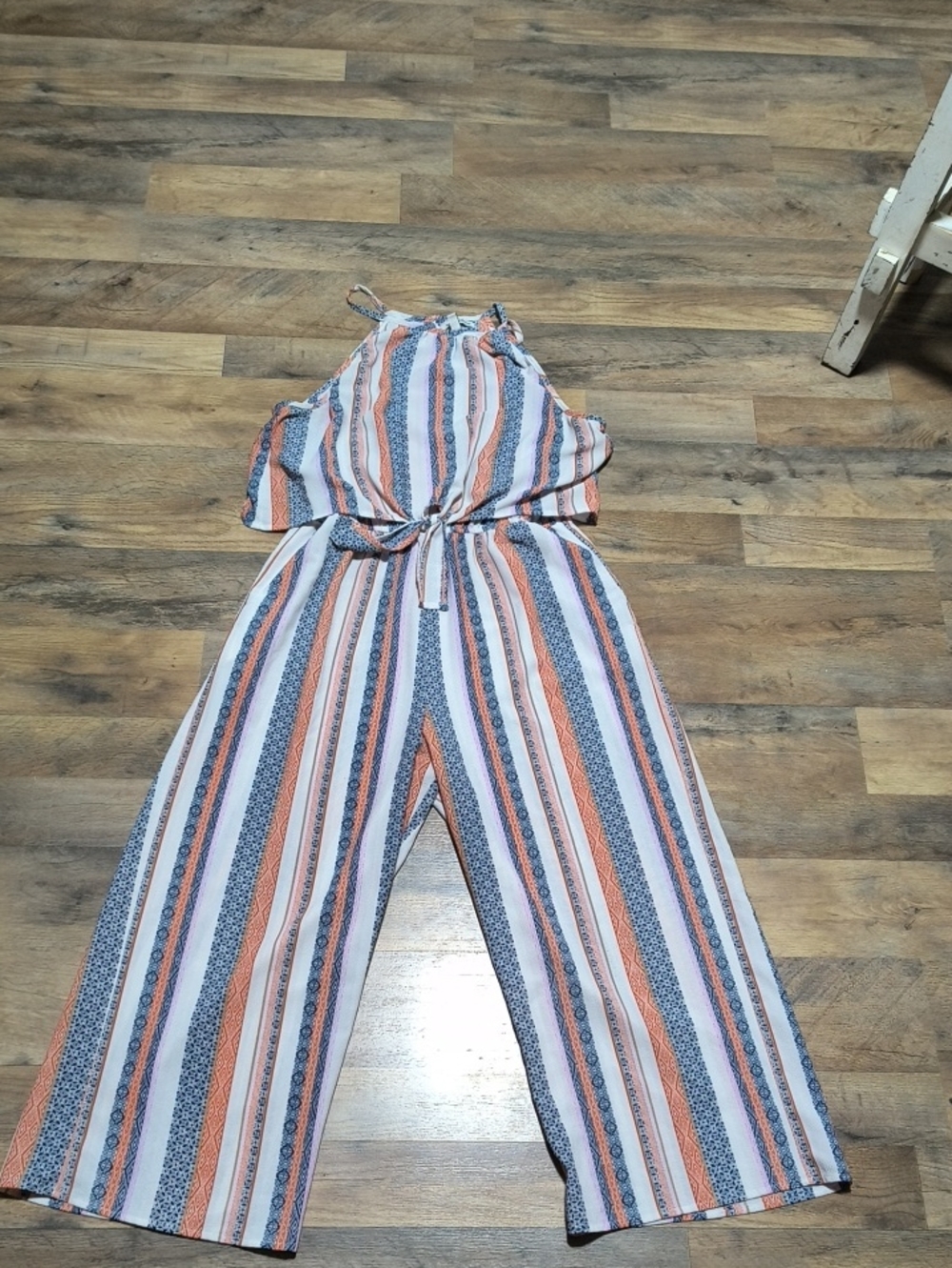 Speechless Coral, Navy & White Striped Halter Jumpsuit